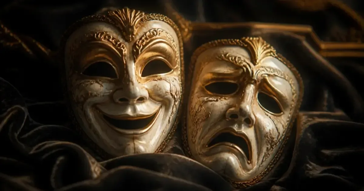 Ilustrație pentru „Actori mari şi actori „minusculi””, text de Bogdan Ulmu: măștile comediei și tragediei