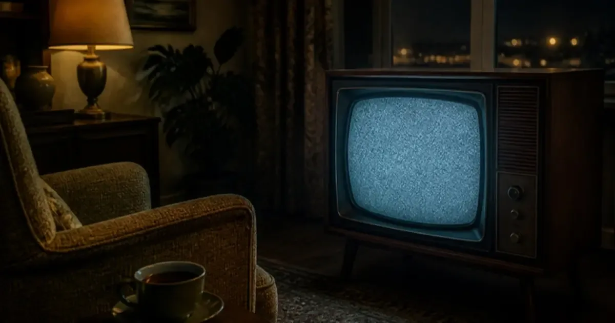 Ilustrație pentru „Alt duşman pervers : luna plină!…”, text de Bogdan Ulmu: televizor vechi într-o cameră, seara