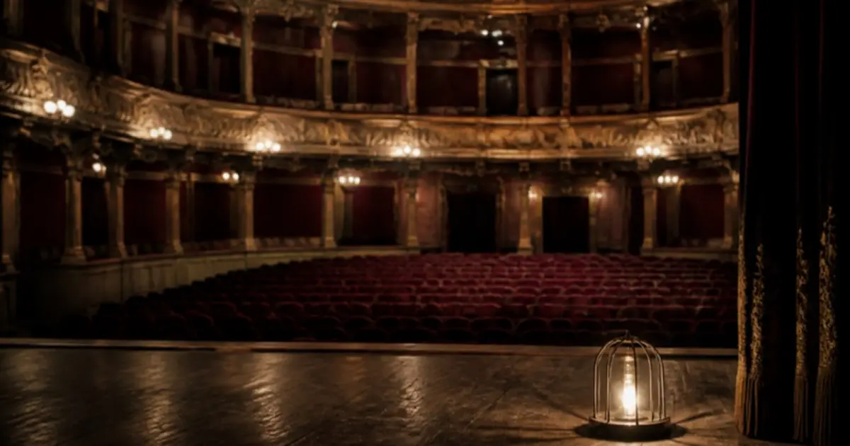 Ilustrație pentru „De două ori, Timișoara…”, text de Bogdan Ulmu: sală de teatru goală, cu fotolii roșii și balcoane aurite