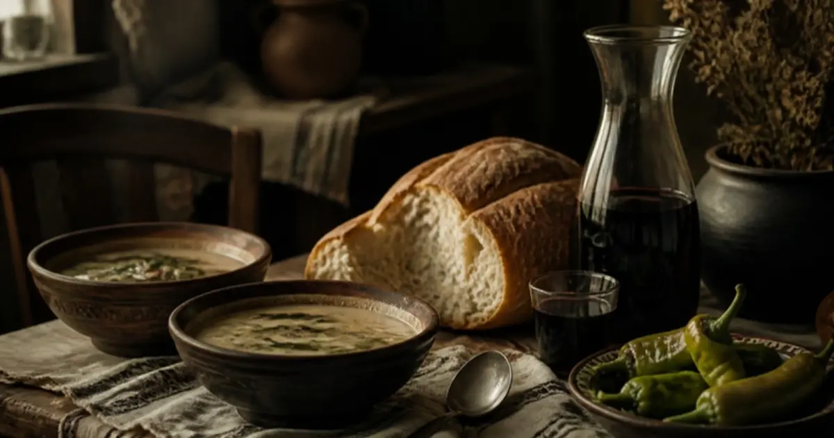 Ilustrație pentru „Gastronomica – Amestecate…”, text de Bogdan Ulmu: masă românească cu ciorbă, pâine și vin