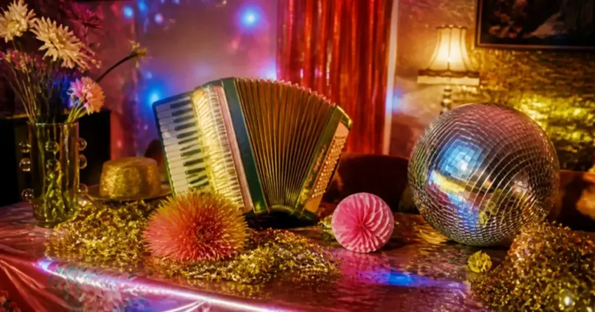 Ilustrație pentru „O seară minunată, la Doineasa!...”, text de Bogdan Ulmu: masă de petrecere kitsch cu acordeon și luminițe