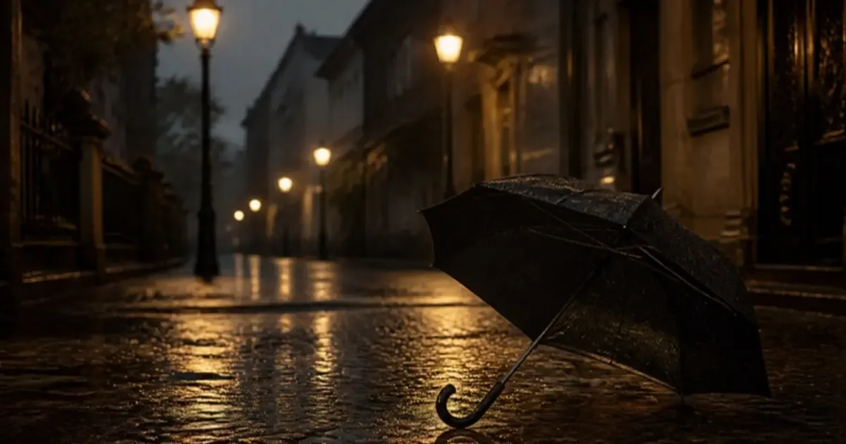 Ilustrație pentru „Plouă, plouă, plouă, vreme de beţie!…”, text de Bogdan Ulmu: umbrelă pe o stradă pavată, în ploaie