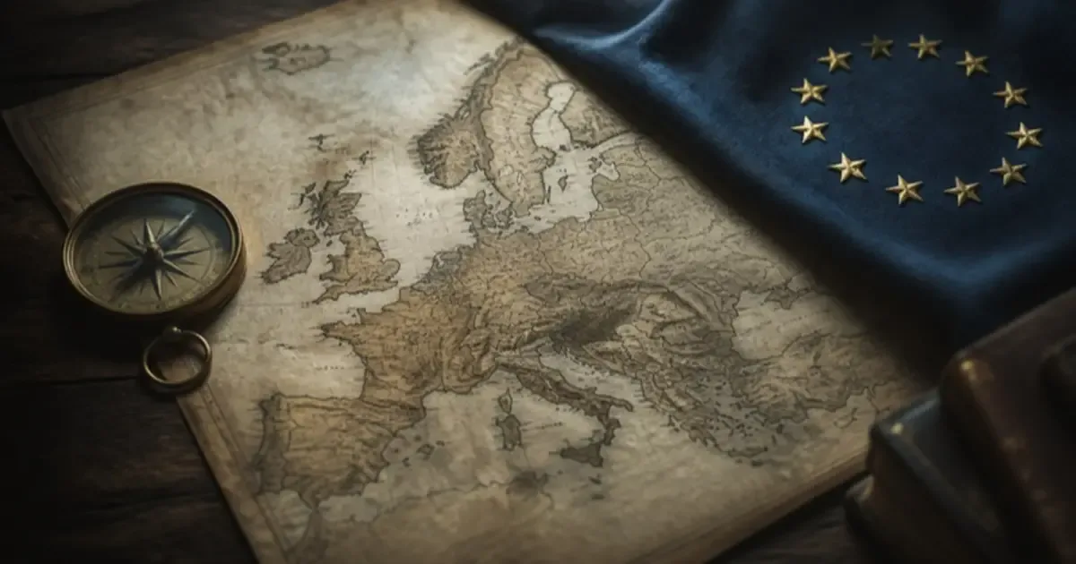 Ilustrație pentru „Retardaţi din toate zările, bucuraţi-vă!”, text de Bogdan Ulmu: hartă veche a Europei cu busolă