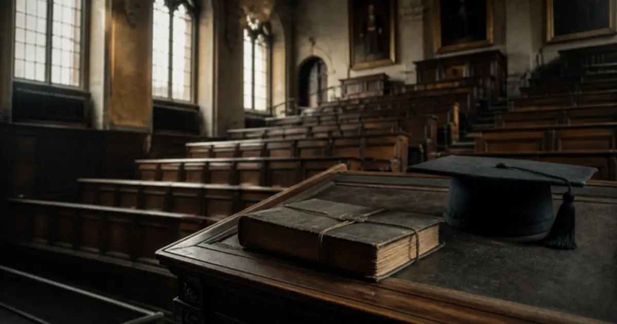 Ilustrație pentru „Revistele studențești – cum apar în amintirea mea”, text de Bogdan Ulmu: amfiteatru universitar cu o teză pe catedră