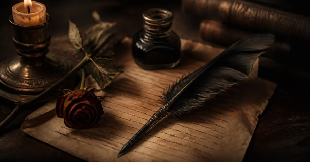 Ilustrație pentru „Toma Hogea, poet?”, text de Bogdan Ulmu: pană, călimară și o poezie scrisă de mână