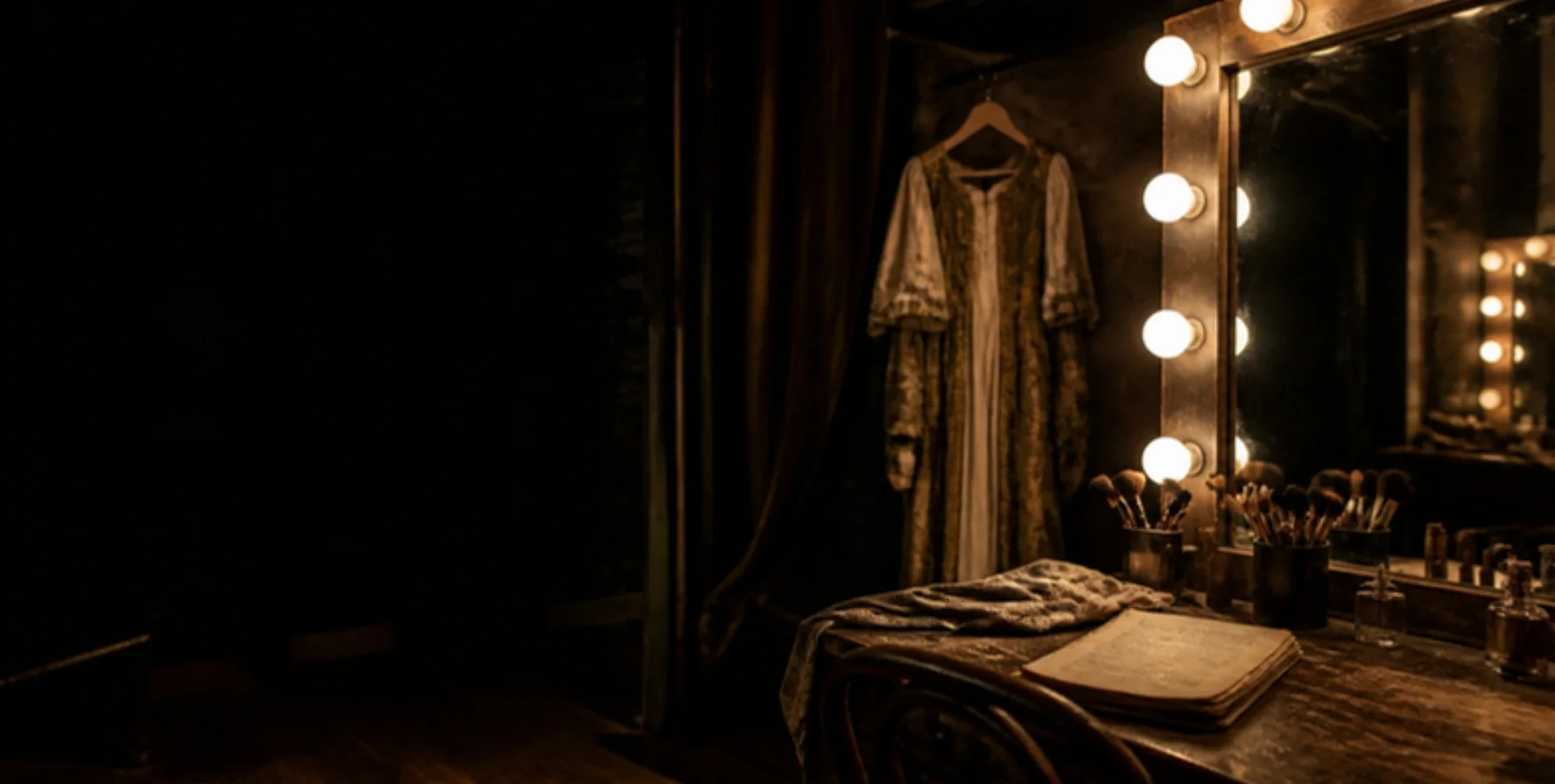 Cabină de actor cu oglindă luminată și costum de epocă (imagine ilustrativă)